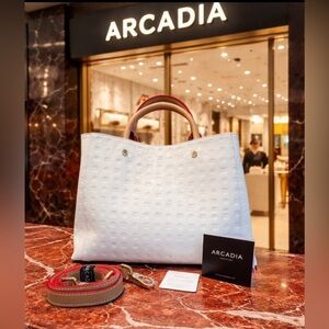 ARCADIA  Gina Top Handle Purse in White Embossed Leather w Red-Trim Handles NWT